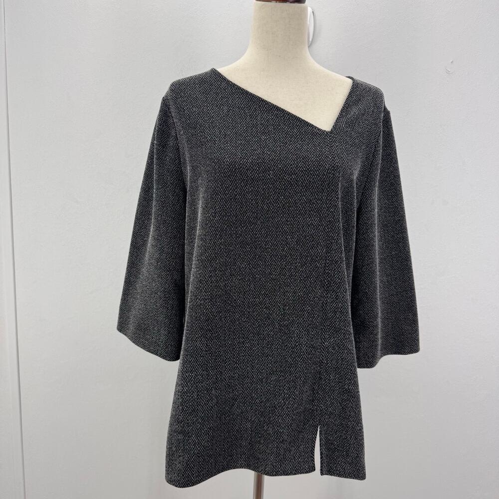 Chico's Asymmetrical Herringbone Tunic Top 3/4 Sleeve Sz 2/L Casual Contemporary